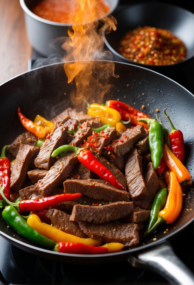 A sizzling wok filled with tender strips of beef, vibrant red chilies, and colorful bell peppers, surrounded by a cloud of aromatic Szechuan spices