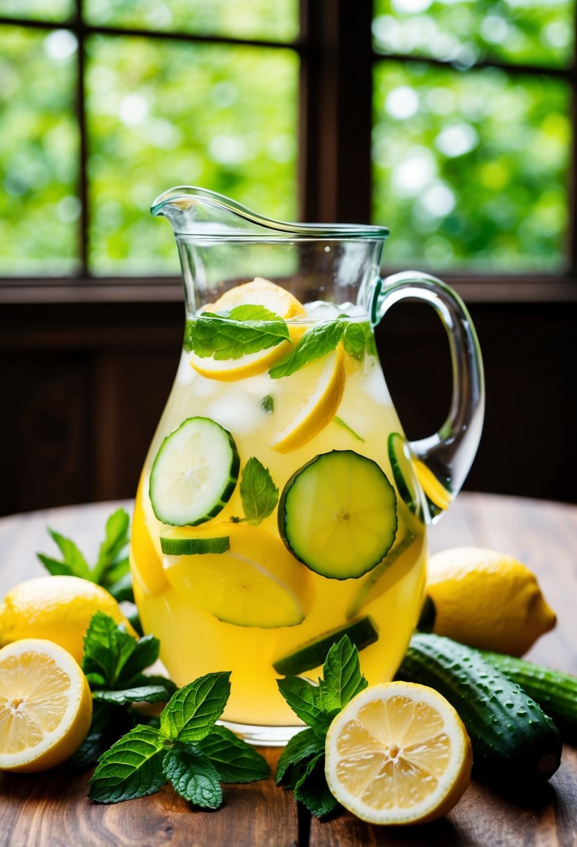 A glass pitcher filled with lemonade surrounded by fresh lemons, cucumbers, and mint leaves on a wooden table