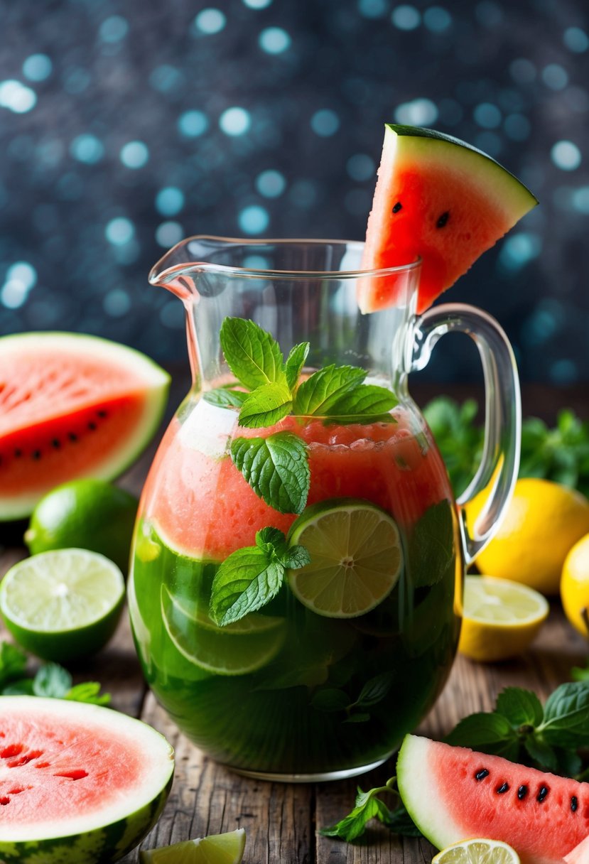 A glass pitcher filled with watermelon, lime, and mint juice surrounded by fresh fruit and herbs on a wooden table