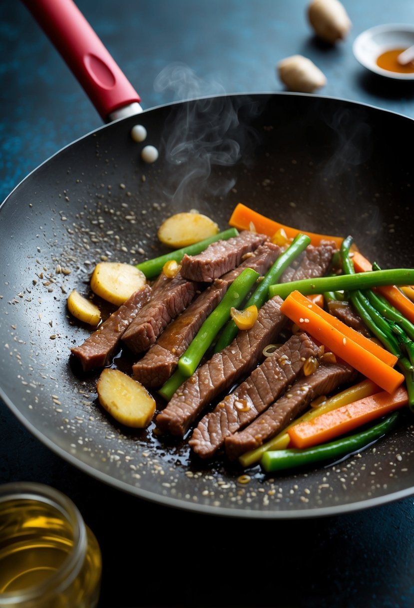 A sizzling wok cooks strips of beef with ginger, honey, and colorful stir-fry vegetables