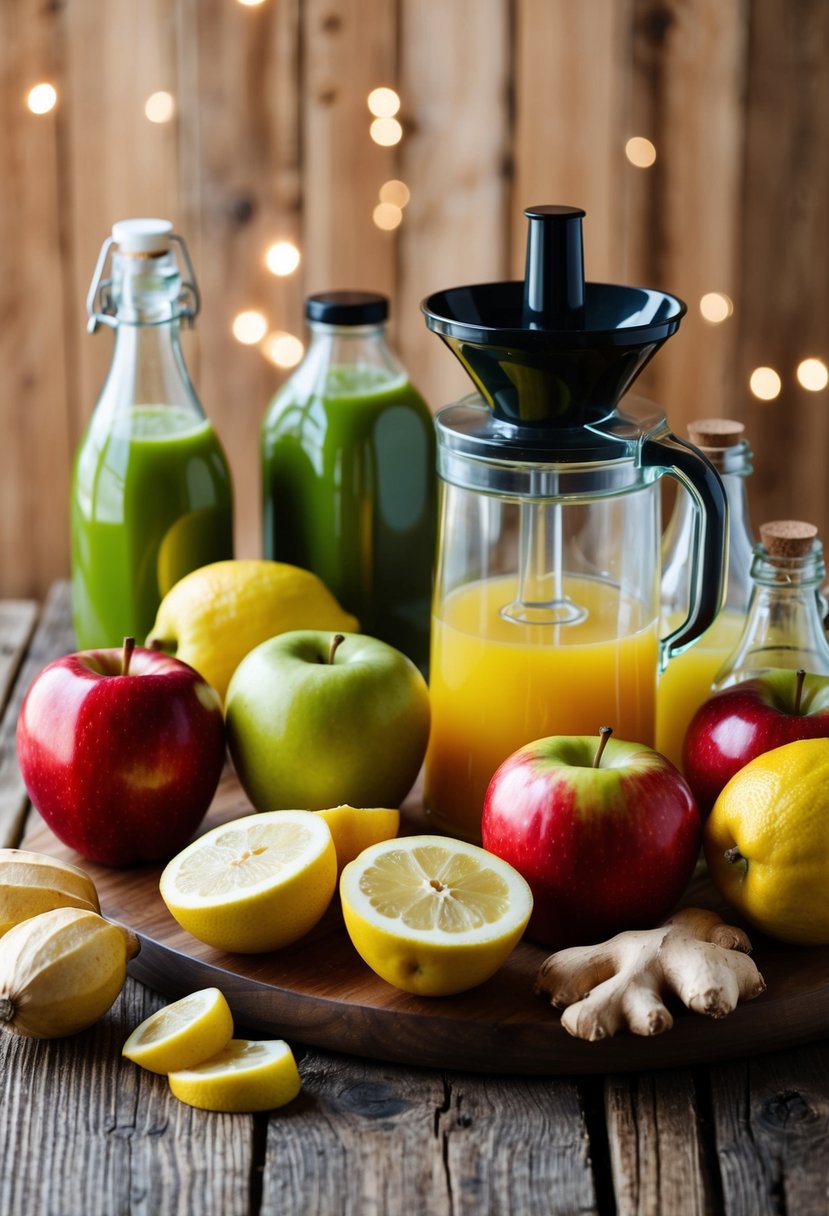 A wooden table with a variety of fresh apples, lemons, and ginger, alongside a juicer and glass bottles