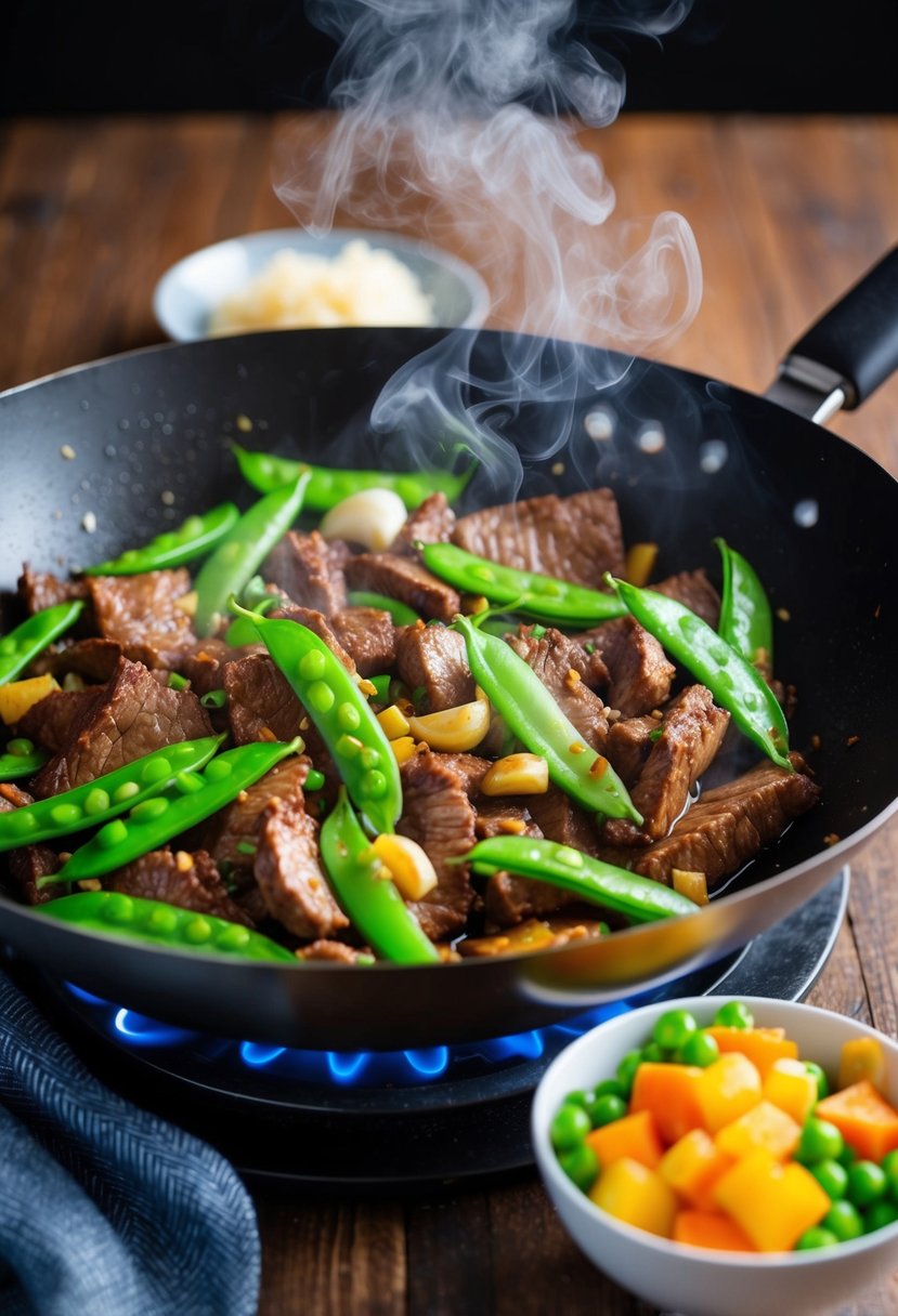 Sizzling beef stir fry in a wok with garlic, snap peas, and other colorful vegetables, steam rising, creating a mouthwatering aroma