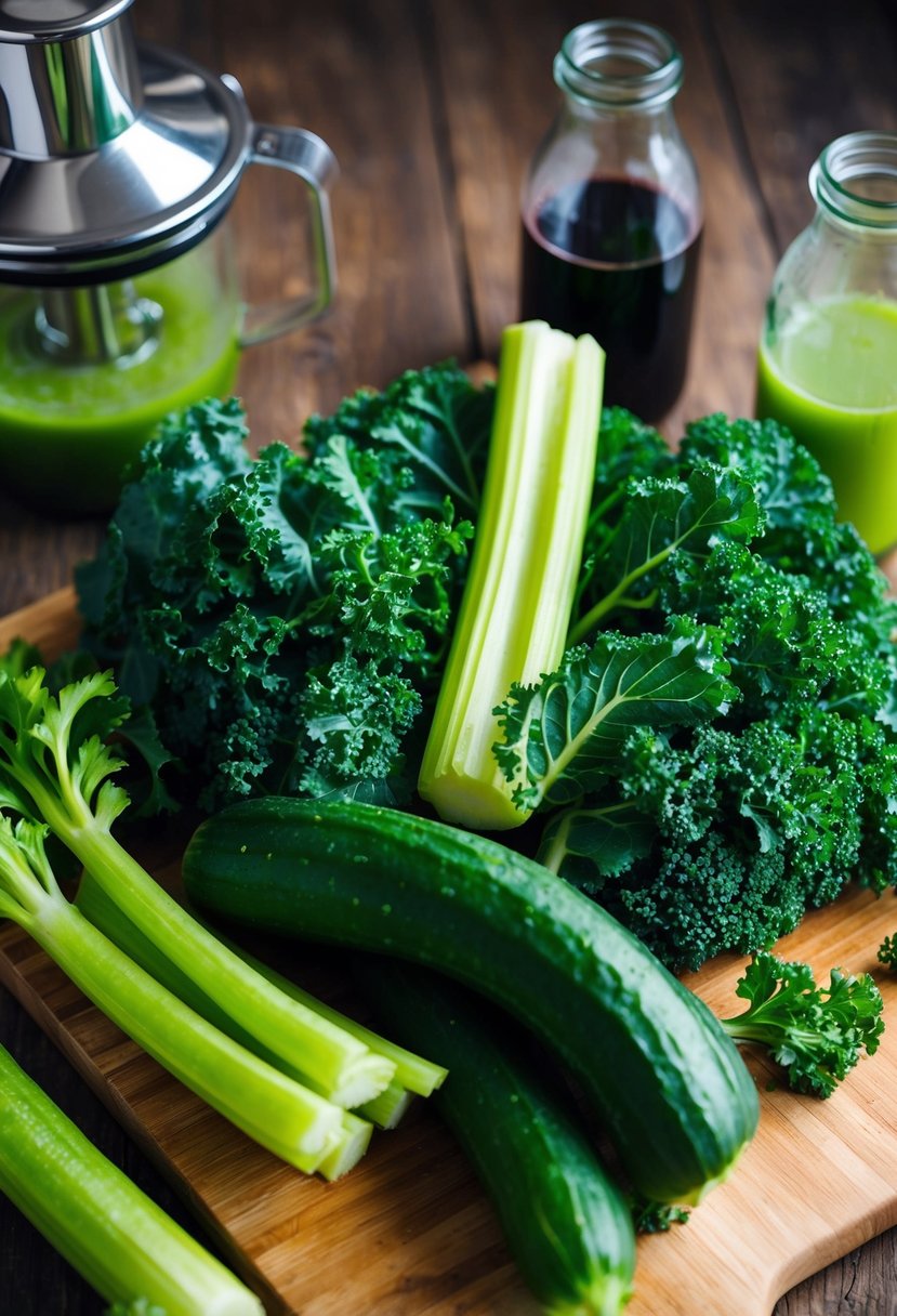 Fresh kale, cucumber, and celery arranged on a wooden cutting board, surrounded by a juicer and glass bottles