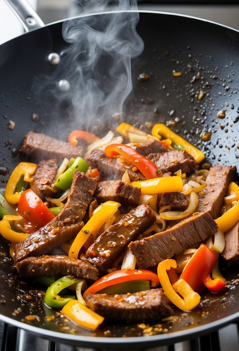 A sizzling wok filled with strips of tender beef, colorful bell peppers, and onions, coated in a glossy, savory Mongolian sauce. Steam rises as the ingredients are tossed together over high heat