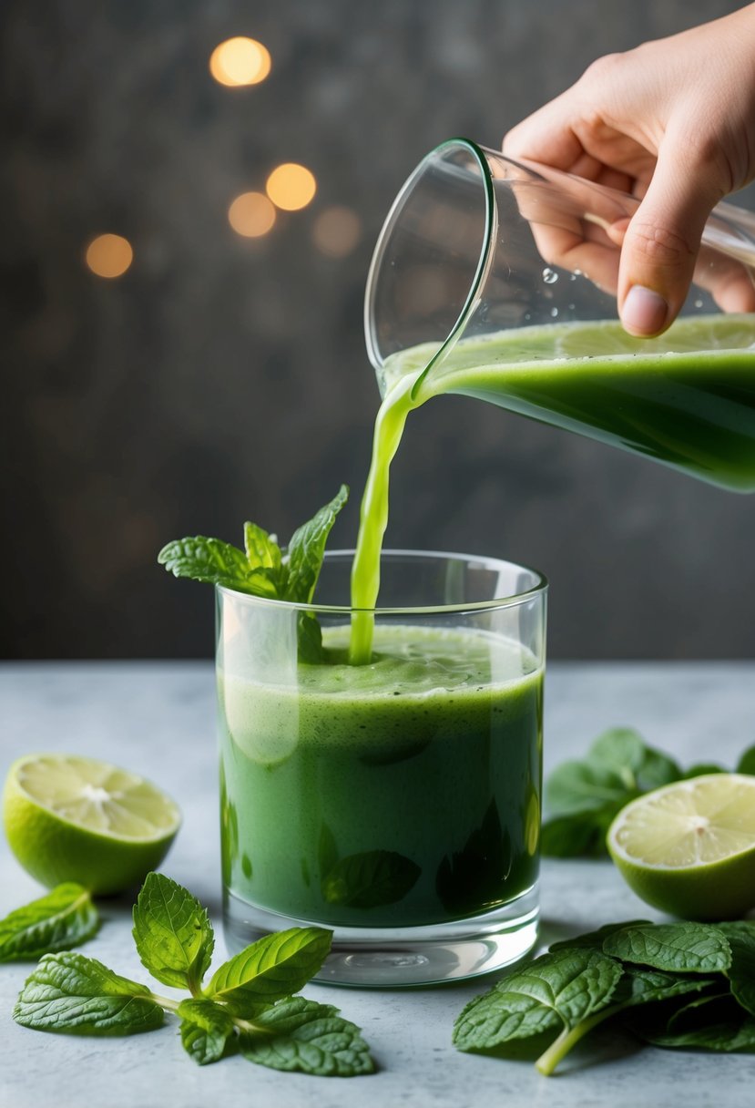 A refreshing minty green juice being poured into a glass surrounded by fresh spinach, lime, and mint leaves