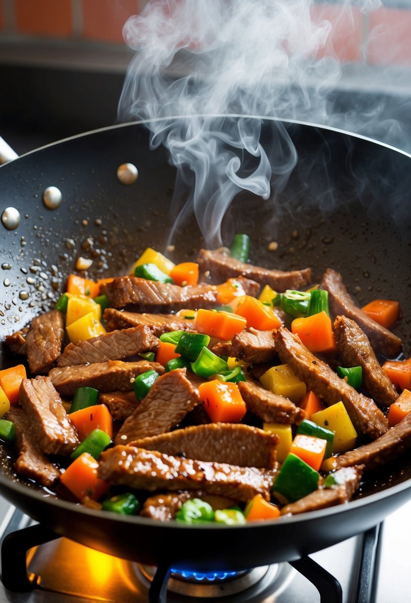 A sizzling wok filled with tender strips of beef, colorful chunks of vegetables, and a glossy teriyaki sauce. Steam rises as the ingredients are tossed together over a high flame