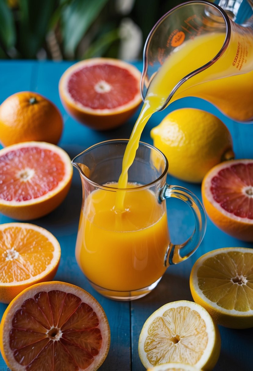 A glass pitcher surrounded by freshly cut grapefruit, oranges, and lemons, with juice pouring into a glass