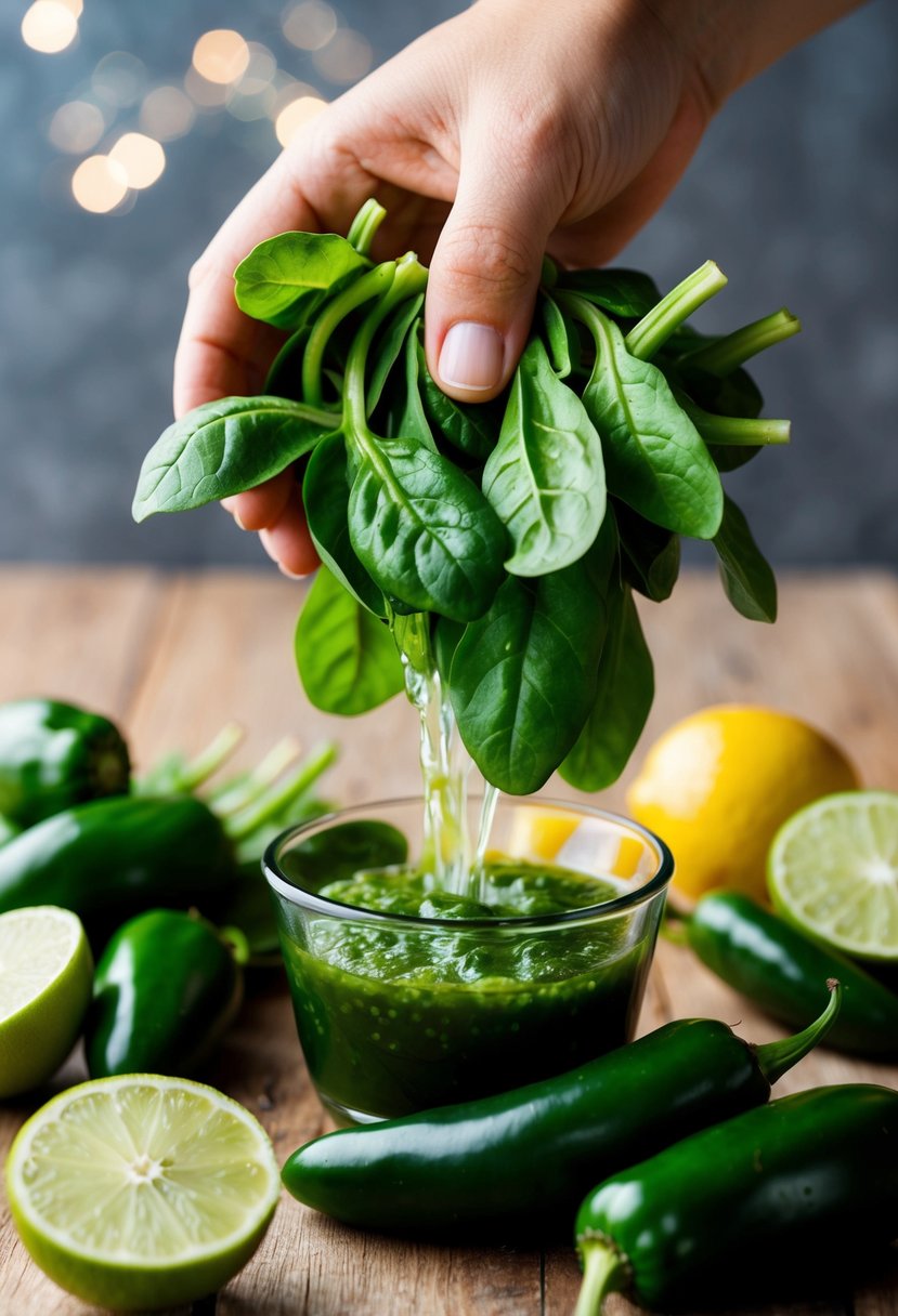 A vibrant bunch of spinach and jalapeños being juiced with freshly squeezed lime