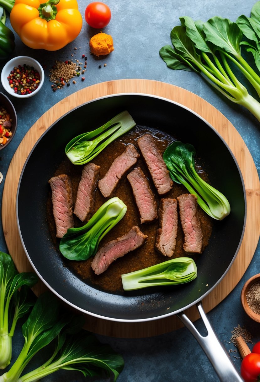 A sizzling pan with beef strips and vibrant green bok choy cooking together, surrounded by colorful vegetables and aromatic spices