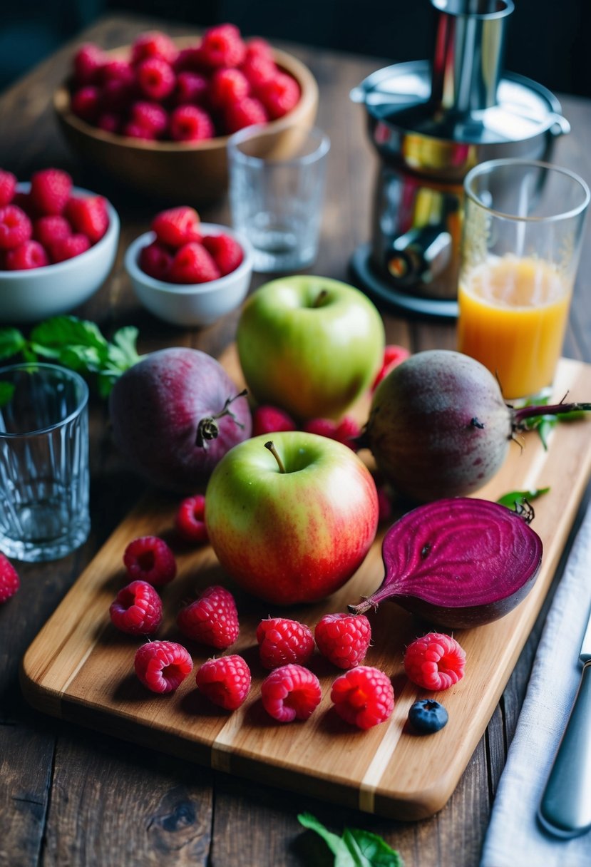 A vibrant still life of raspberries, apples, and beets arranged on a wooden cutting board, with a juicer and glasses nearby