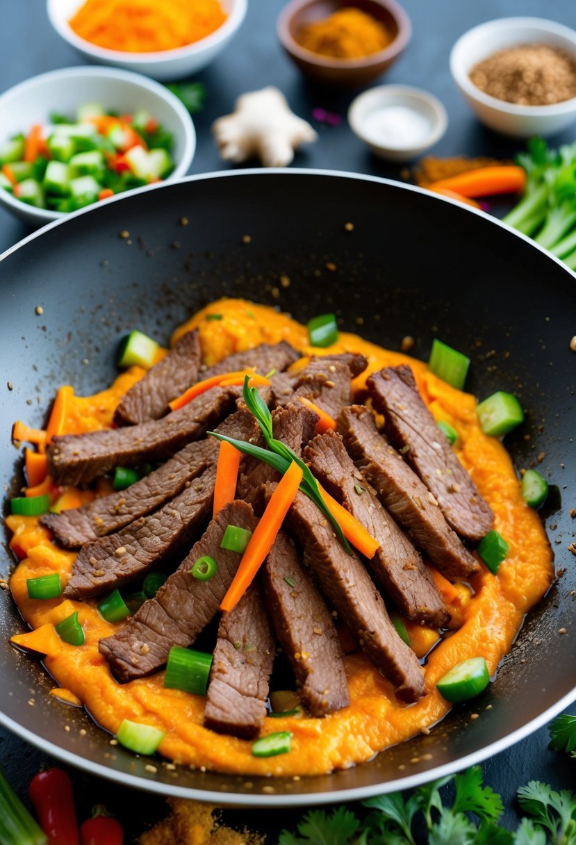 Sizzling beef strips and vibrant orange ginger sauce in a wok surrounded by colorful chopped vegetables and aromatic spices