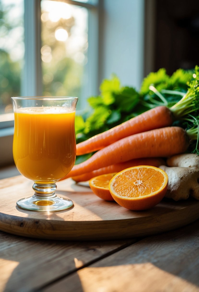 A glass of fresh orange, carrot, and ginger juice sits on a wooden table next to a pile of vibrant produce. Sunlight streams through the window, casting a warm glow over the scene