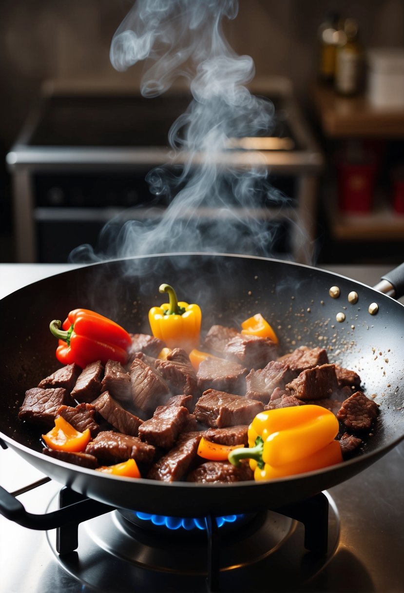 Sizzling beef and bell peppers in a hot wok, steam rising