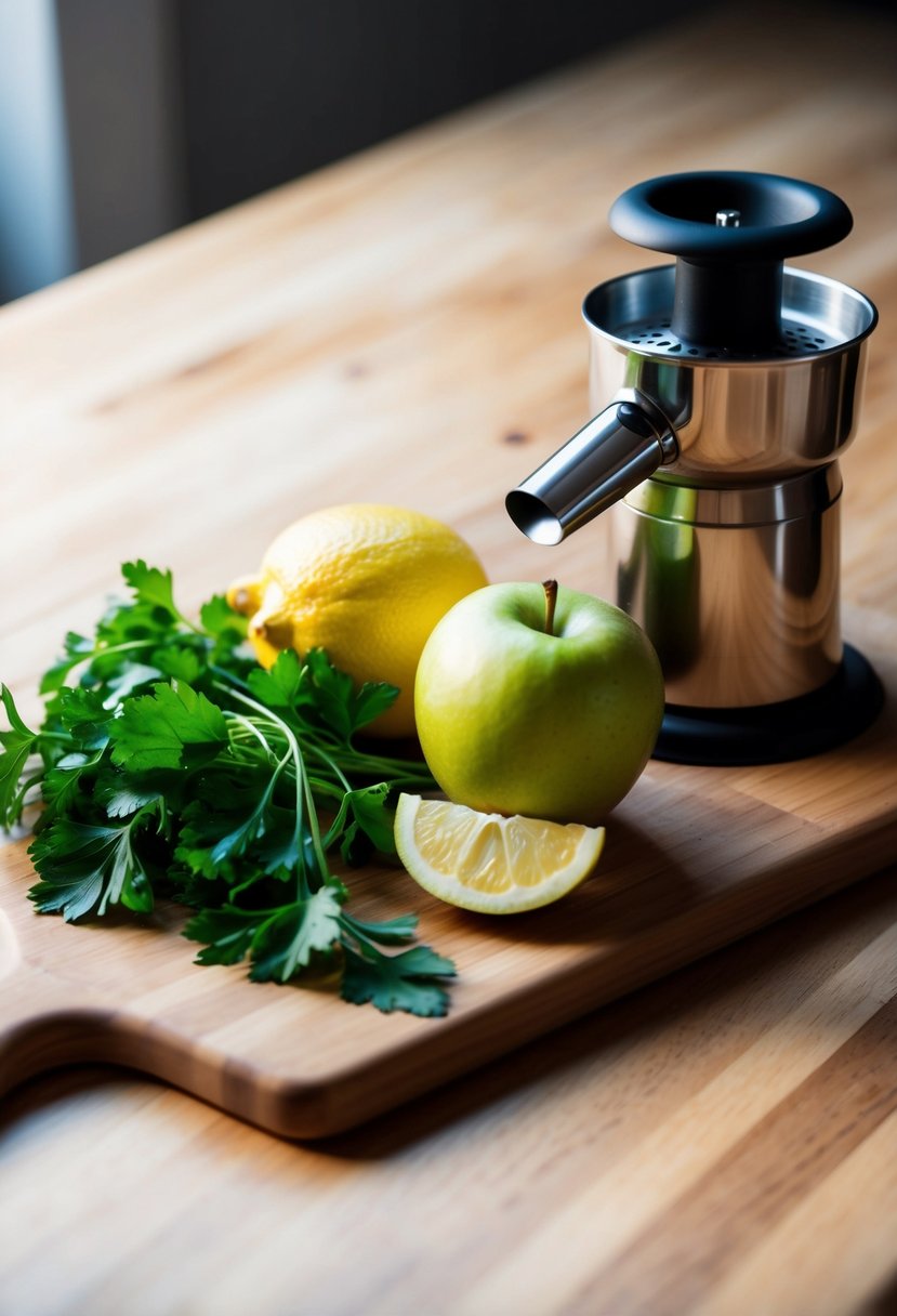 A wooden cutting board with fresh parsley, a sliced lemon, and a whole apple next to a juicer