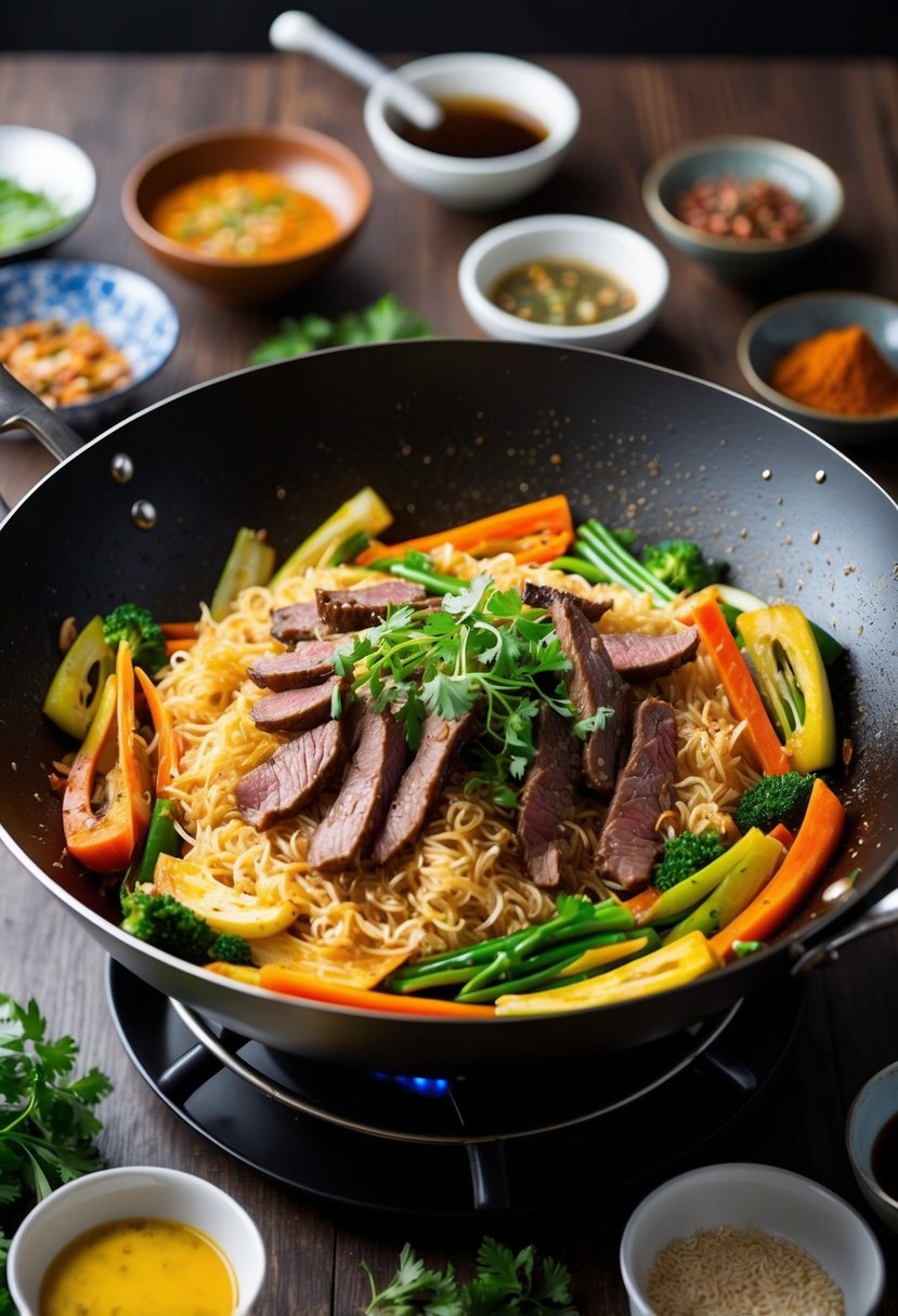 A sizzling wok filled with colorful vegetables, tender strips of beef, and rice noodles, surrounded by an array of aromatic spices and sauces