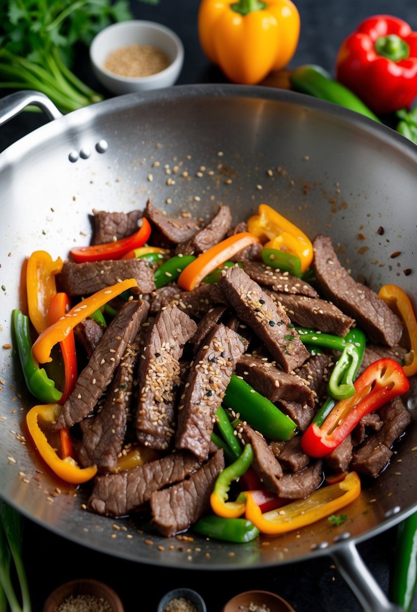 A sizzling wok filled with tender strips of beef, colorful bell peppers, and sesame seeds, surrounded by a variety of fresh vegetables and aromatic spices