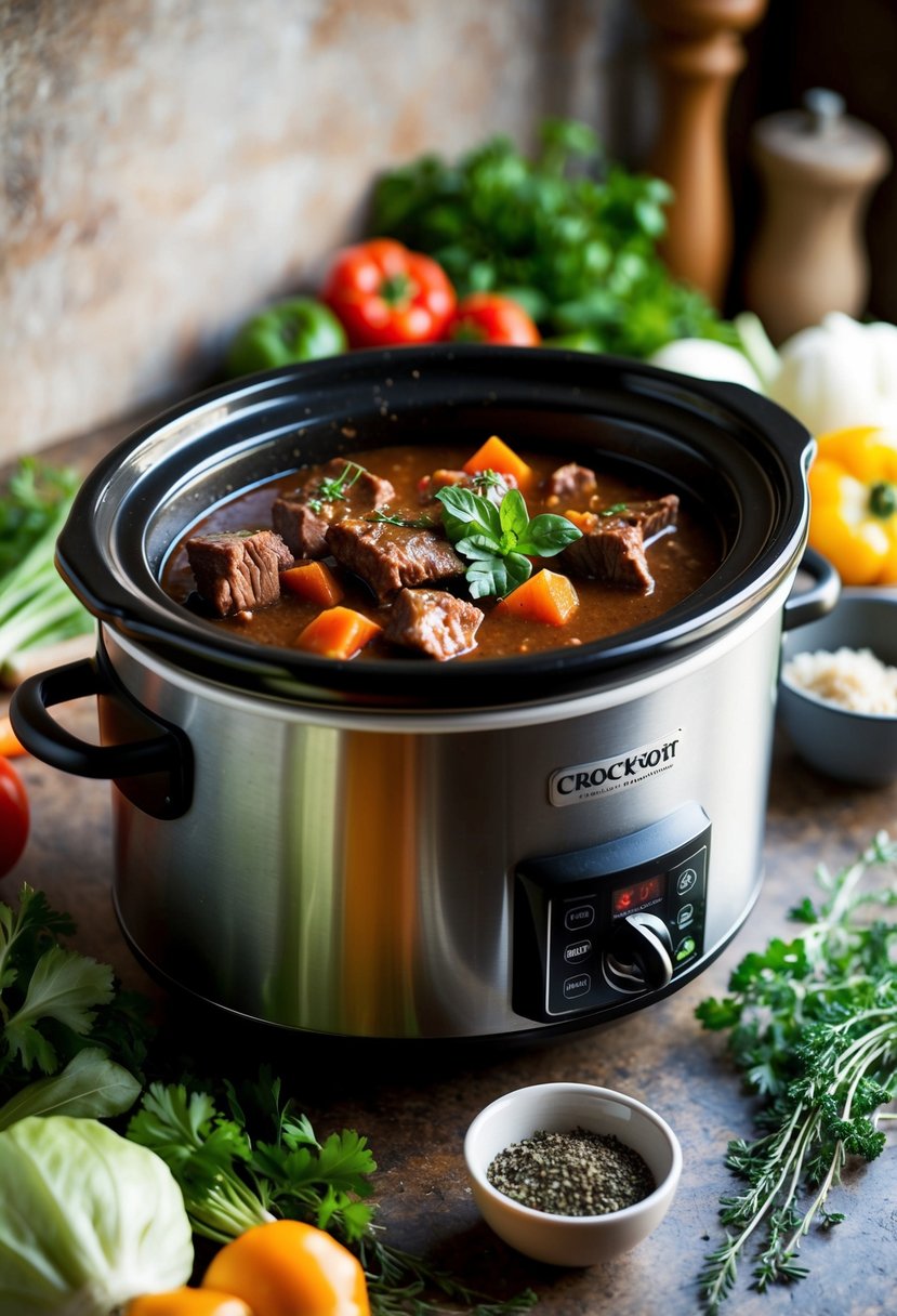 A crockpot filled with savory beef stew, surrounded by fresh vegetables and aromatic herbs on a rustic kitchen counter