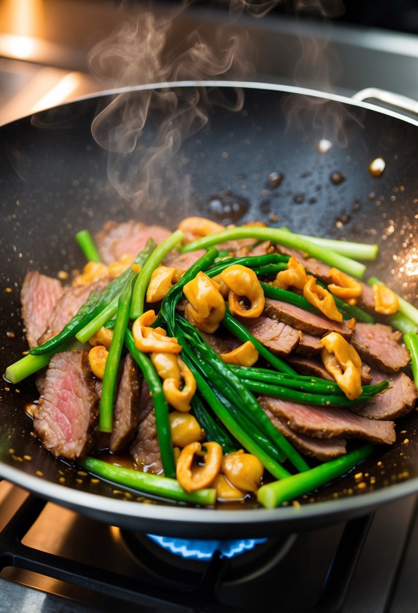 A sizzling wok filled with thinly sliced beef, vibrant green vegetables, and glossy oyster sauce, emitting a savory aroma