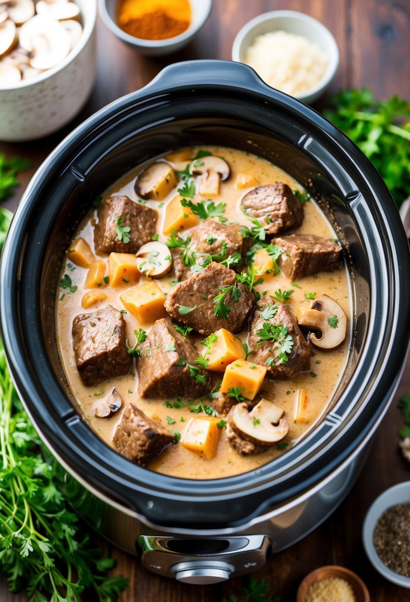 A bubbling slow cooker filled with tender chunks of beef, creamy sauce, and mushrooms, surrounded by fresh herbs and spices