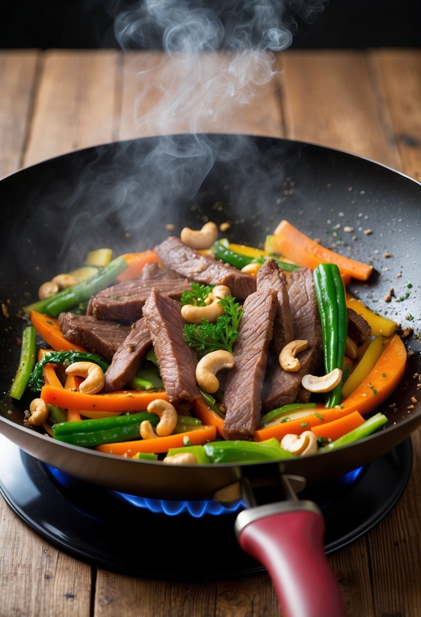 A sizzling wok filled with tender beef strips, vibrant vegetables, and crunchy cashews, emitting a mouthwatering aroma