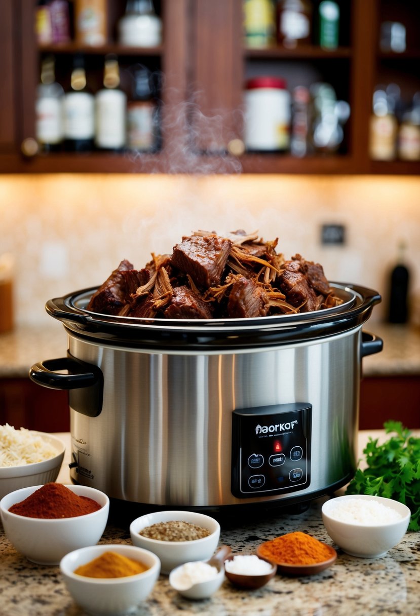 A crockpot filled with simmering barbacoa beef surrounded by various spices and ingredients on a kitchen counter