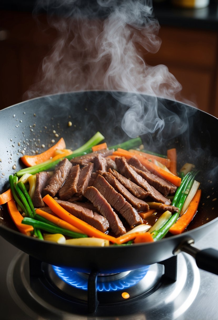 A sizzling wok filled with strips of tender beef, colorful vegetables, and a glossy hoisin sauce, surrounded by aromatic steam