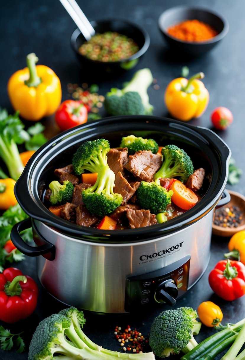 A crockpot filled with sizzling beef and broccoli stir fry, surrounded by colorful vegetables and aromatic spices