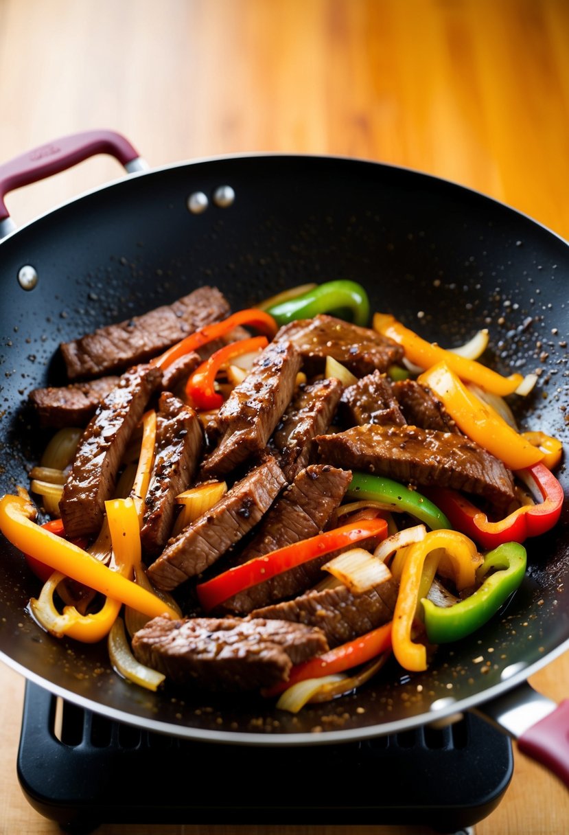 A sizzling wok filled with strips of beef, colorful bell peppers, and onions, all coated in a fragrant black pepper sauce