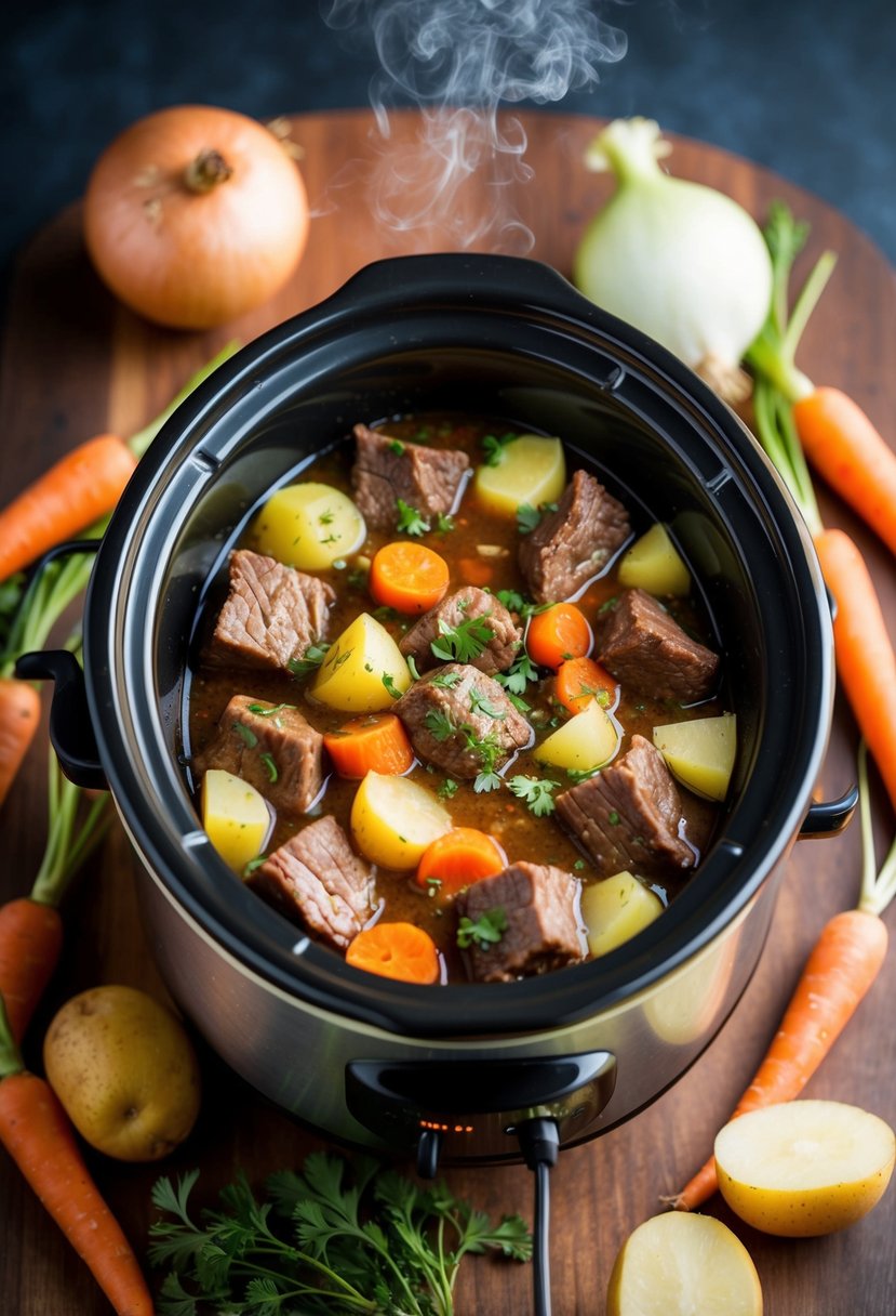 A bubbling crockpot filled with tender chunks of beef, surrounded by carrots, potatoes, and onions, emitting a savory aroma