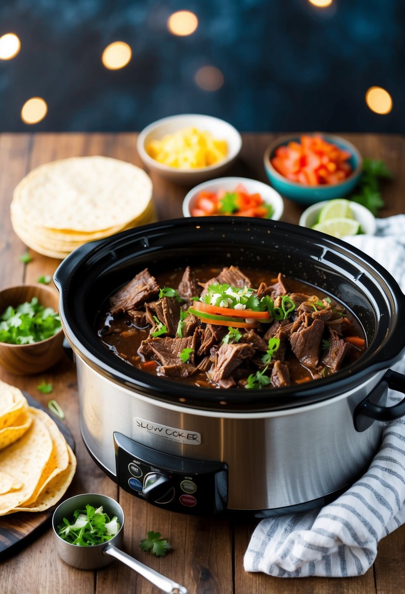 A slow cooker filled with tender Korean beef, surrounded by taco fixings and a stack of tortillas