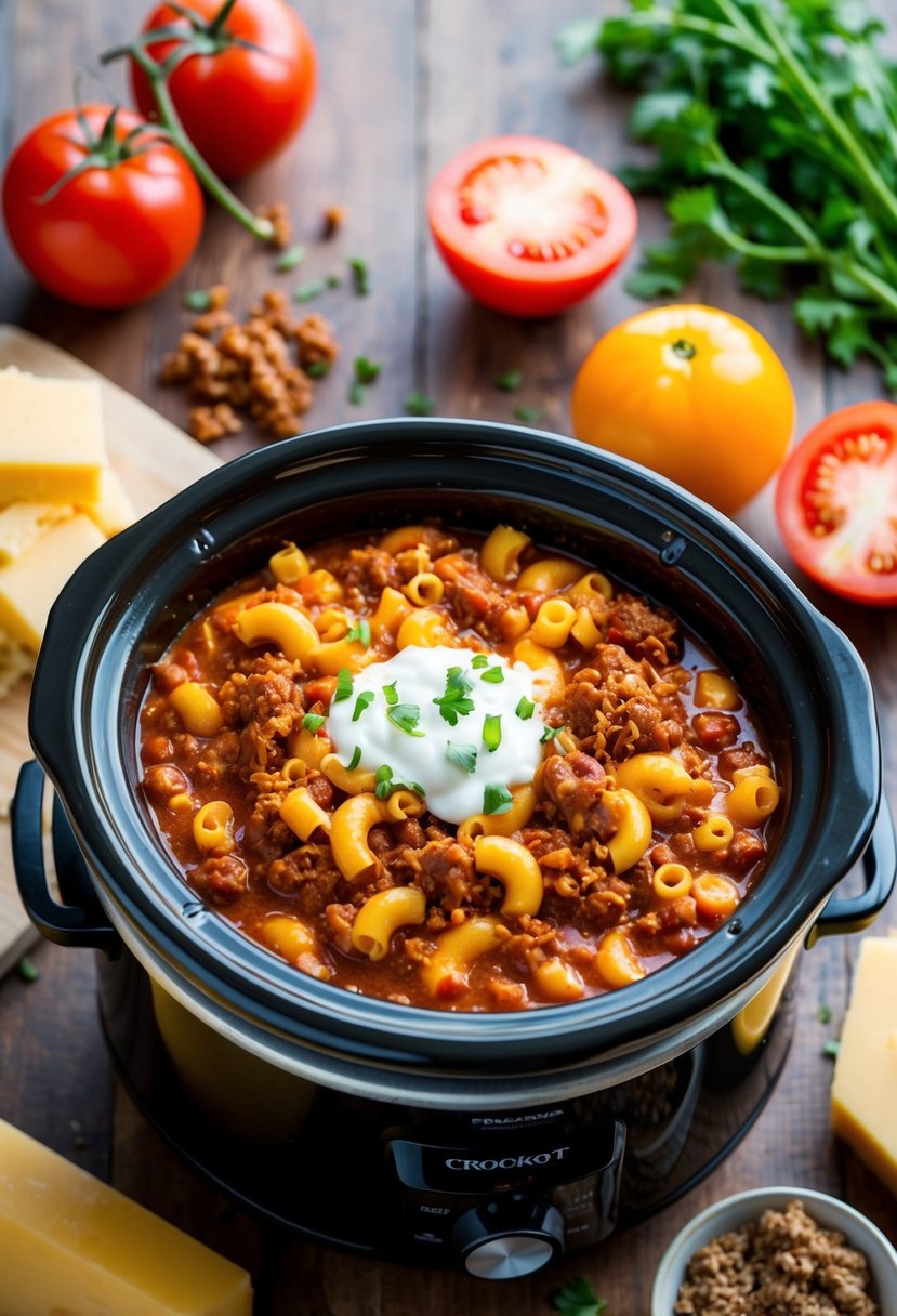 A crockpot filled with bubbling chili mac and cheese, surrounded by fresh ingredients like ground beef, tomatoes, and cheese