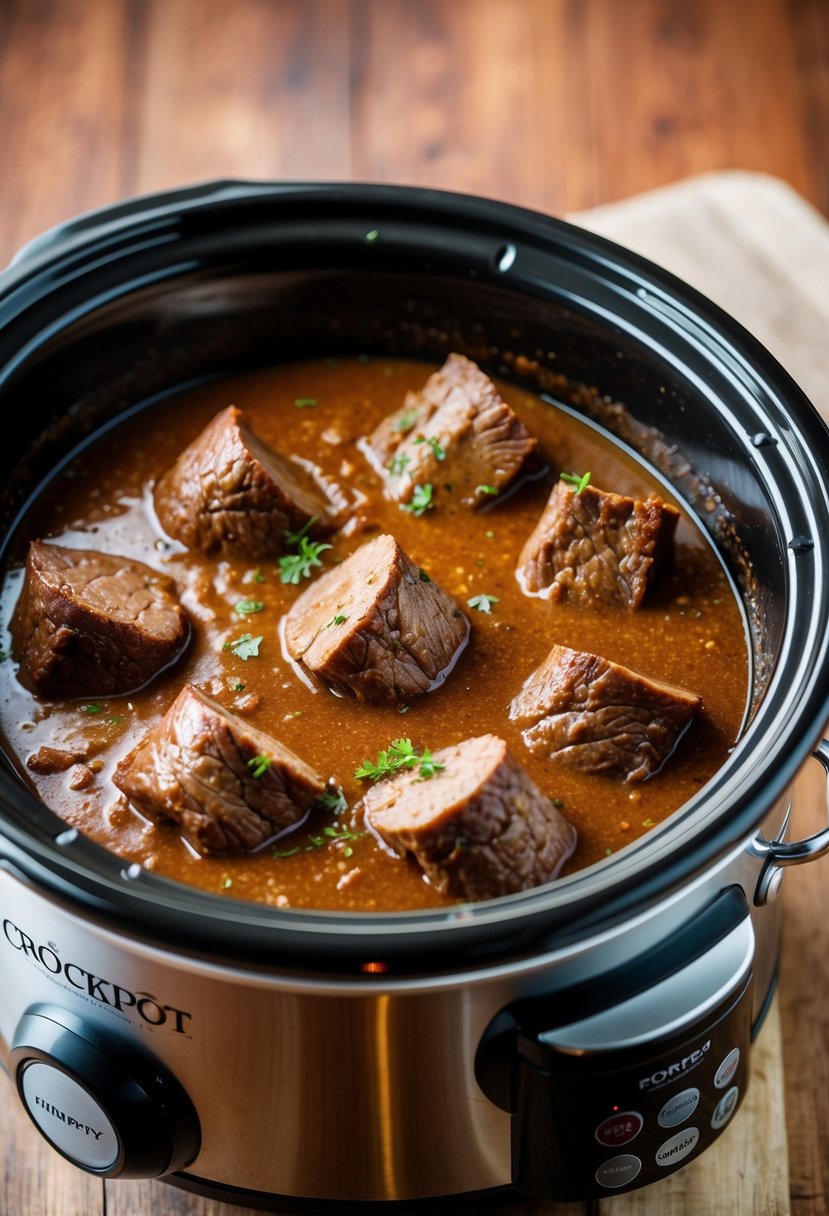 A crockpot simmering with tender beef tips in rich, savory gravy