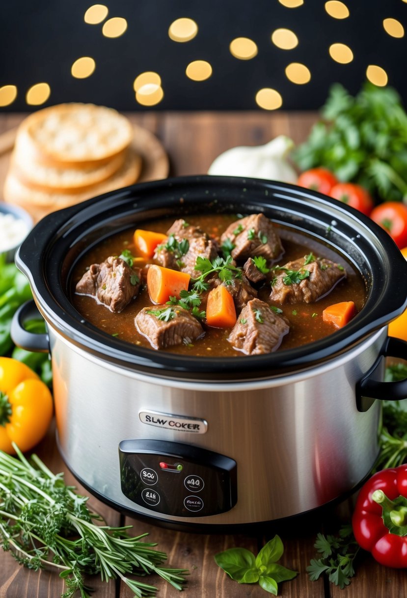 A bubbling slow cooker filled with hearty beef stew, surrounded by fresh vegetables and herbs