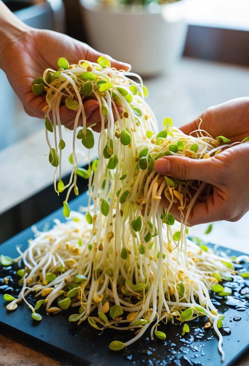 Fresh bean sprouts being washed and prepared on a cutting board