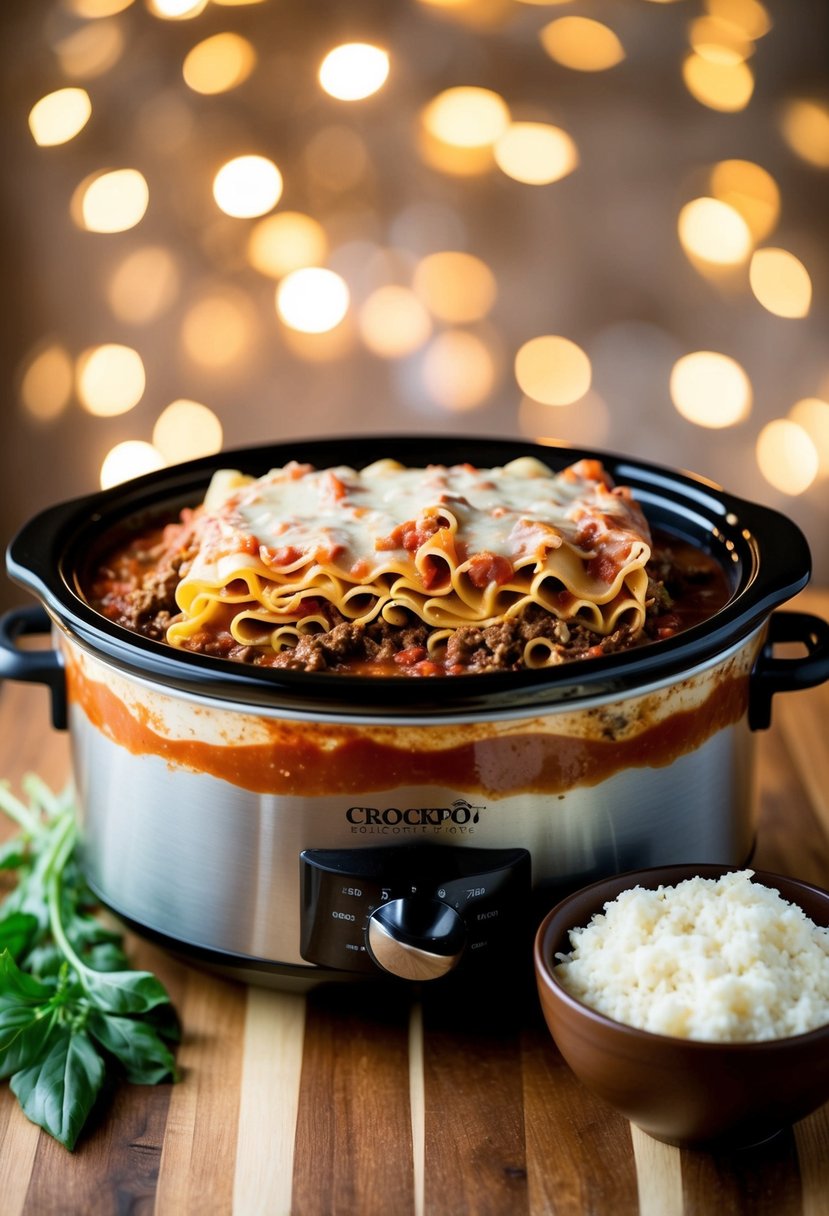 A crockpot filled with layers of lasagna noodles, ground beef, marinara sauce, and melted cheese