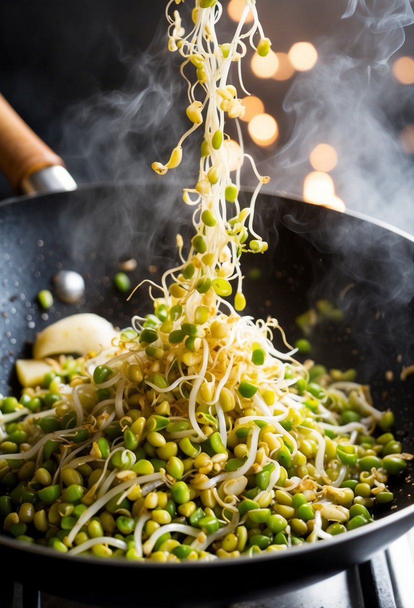 Fresh mung bean sprouts sizzling in a hot wok with garlic and other ingredients, emitting a savory aroma