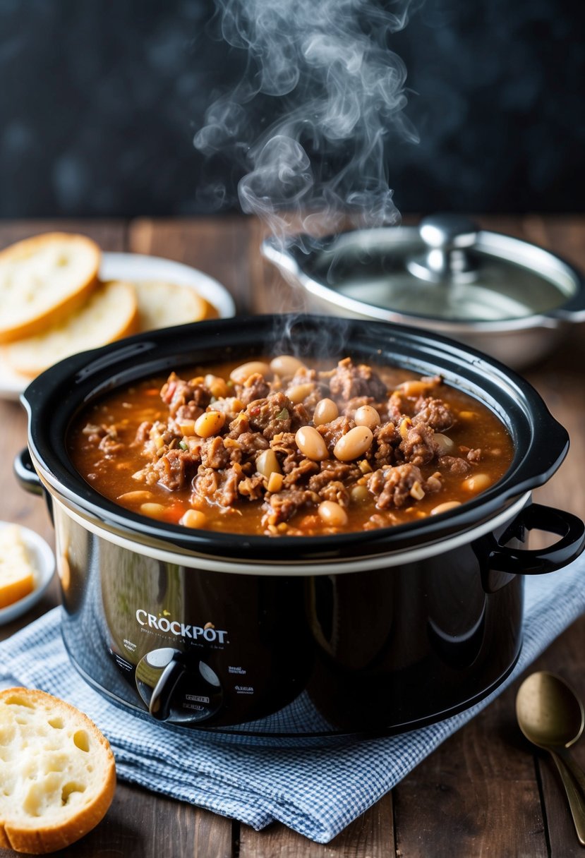 A bubbling crockpot filled with tangy ground beef and bean stew, emitting a savory aroma