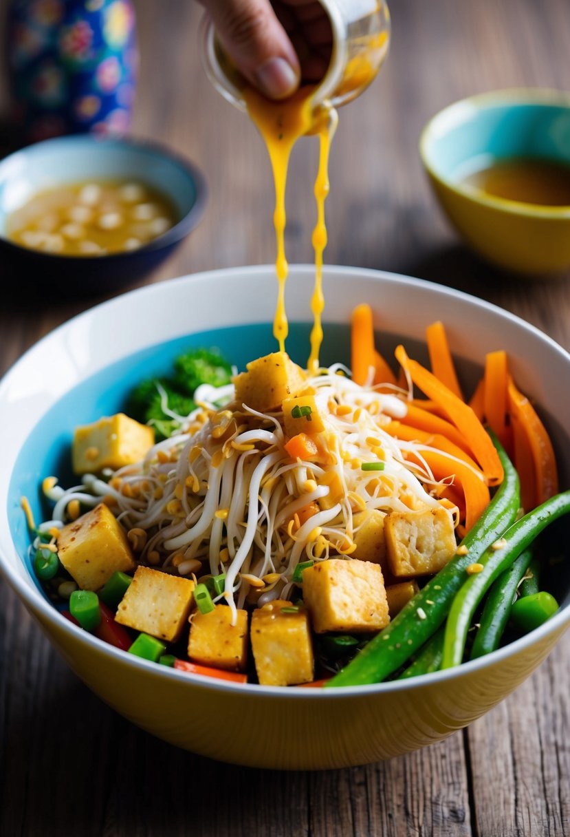 A colorful bowl filled with crispy bean sprouts, tofu cubes, and vibrant vegetables, drizzled with a tangy dressing