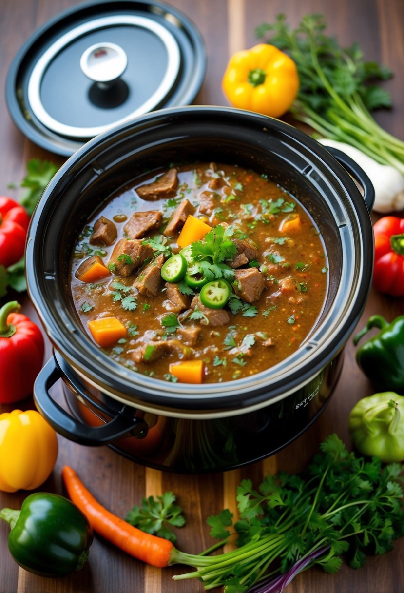 A crockpot filled with simmering salsa verde beef surrounded by colorful vegetables and herbs