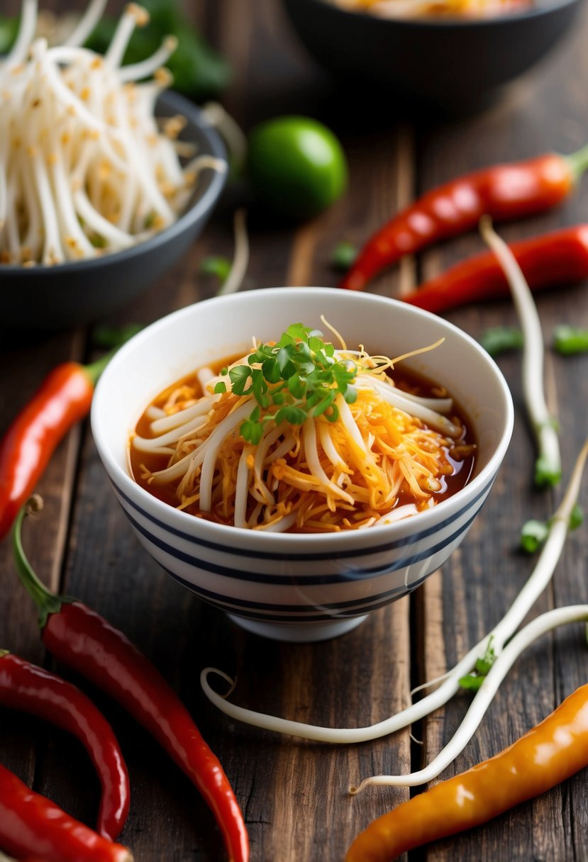 A bowl of spicy bean sprout kimchi surrounded by fresh bean sprouts, chili peppers, and other ingredients on a wooden table