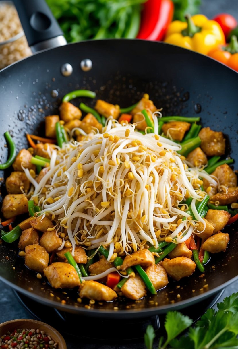 A sizzling wok filled with bean sprouts and chicken, surrounded by colorful vegetables and aromatic spices