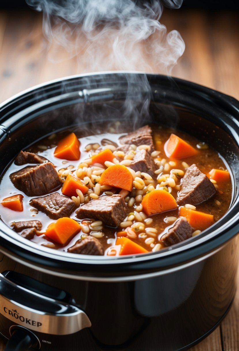 A steaming crockpot filled with hearty beef and barley soup. Chunks of tender beef, carrots, and barley visible in the rich, savory broth