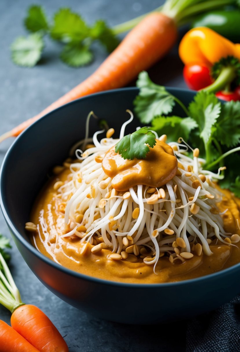 A bowl of bean sprouts topped with peanut sauce, surrounded by fresh ingredients like carrots, bell peppers, and cilantro