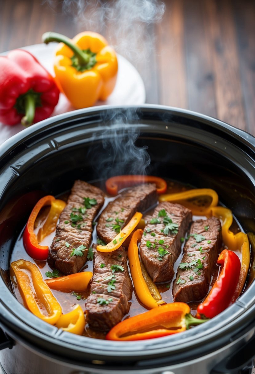 Sizzling beef strips and colorful bell peppers simmer in a slow cooker, releasing mouthwatering aromas of savory pepper steak