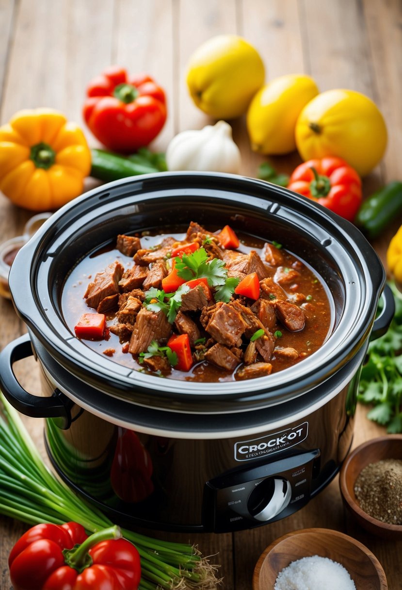 A crockpot filled with Cuban Mojo Beef surrounded by fresh ingredients and spices