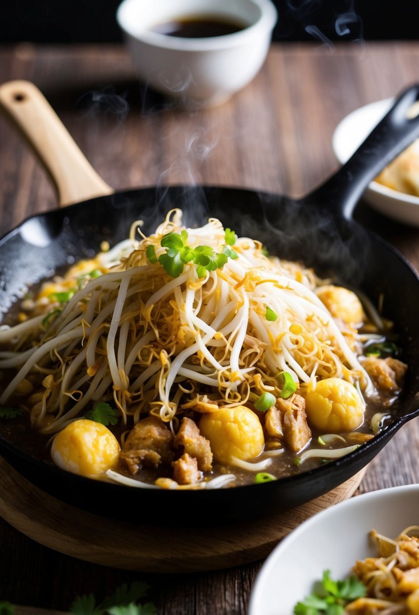 A sizzling hot skillet filled with fluffy egg foo young, loaded with crunchy bean sprouts and savory ingredients, steaming and ready to be served