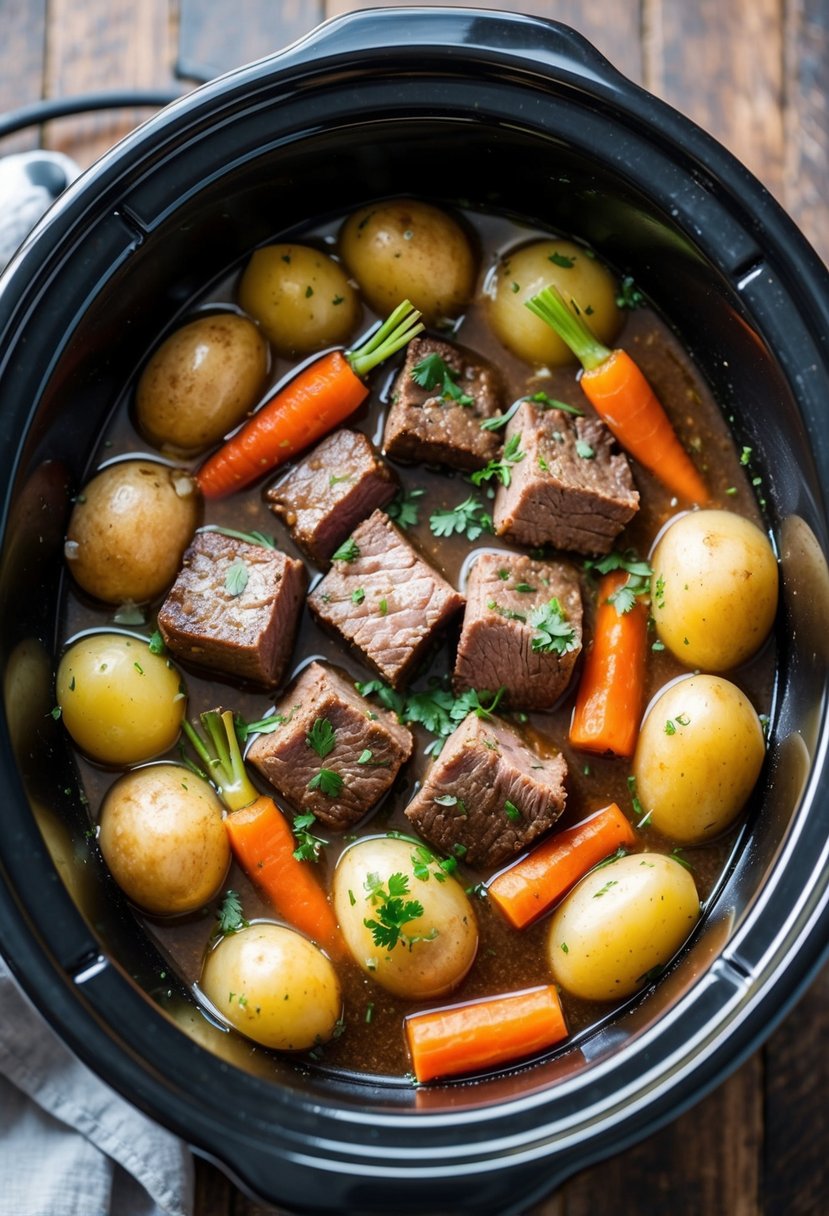 A crockpot filled with cube steak, surrounded by onions, carrots, and potatoes, simmering in a savory beef broth