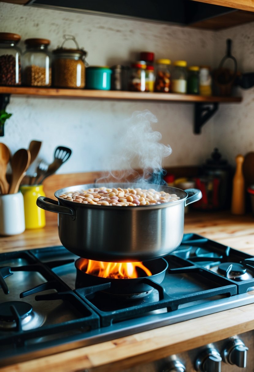 A rustic kitchen with a bubbling bean pot on a wood-burning stove, surrounded by shelves of colorful ingredients and cooking utensils