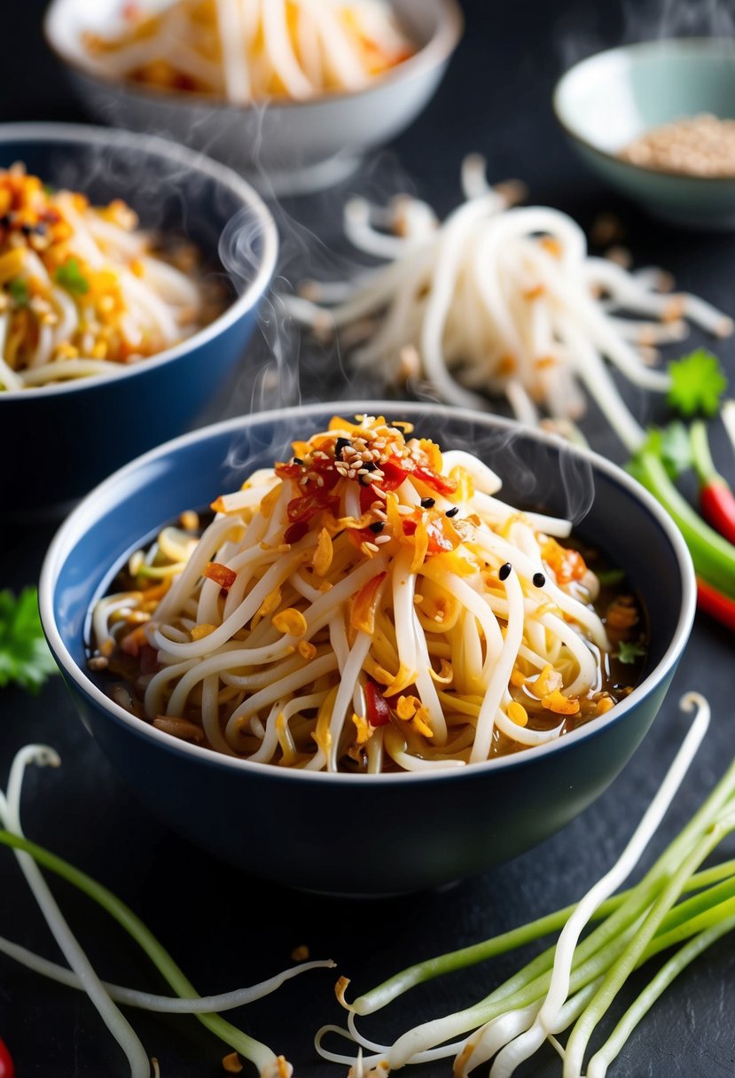 A steaming bowl of bean sprout noodles, topped with chili flakes and sesame seeds, surrounded by fresh bean sprouts and other colorful ingredients