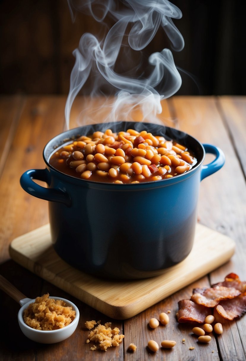 A vintage bean pot sits on a wooden table, filled with homemade baked beans. Steam rises from the pot, surrounded by scattered ingredients like brown sugar and bacon